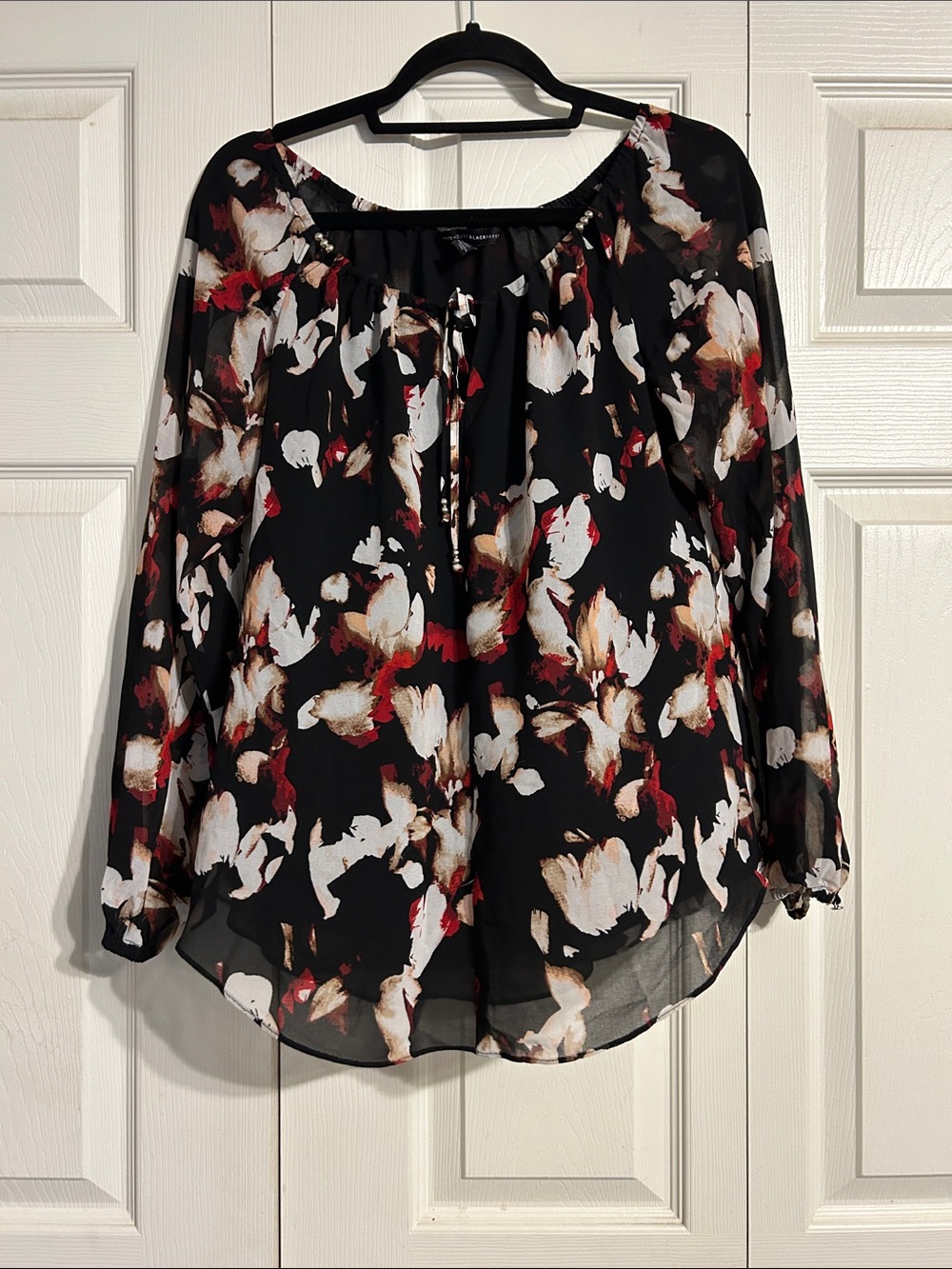 White House Black Market Black Red Cream Floral Tie-Front Sheer Blouse Size 8